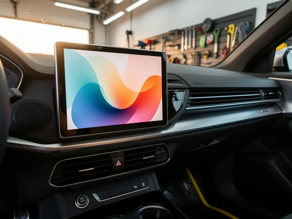 شاشة سيارة كبيرة مضاءة بخلفية ملونة داخل المقصورة