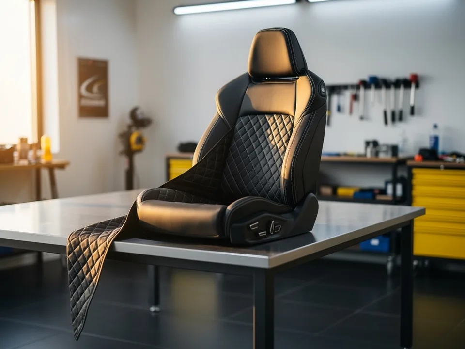 مقعد على الطاولة نصفه مغطى بجلد أسود جديد بخياطة معينات